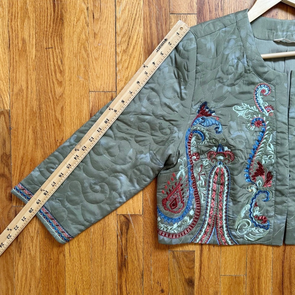 Soft Surroundings Olive Green Quilted Embroidered Cropped Jacket XL Beaded Boho - Picture 10 of 10